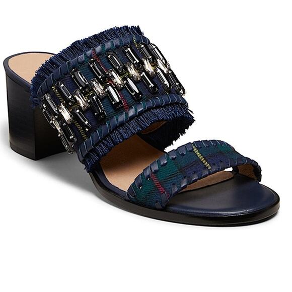 Jack Rogers Beatrix Bejeweled Plaid Block Heel Sandal Navy Green Size 9 New - Picture 1 of 14